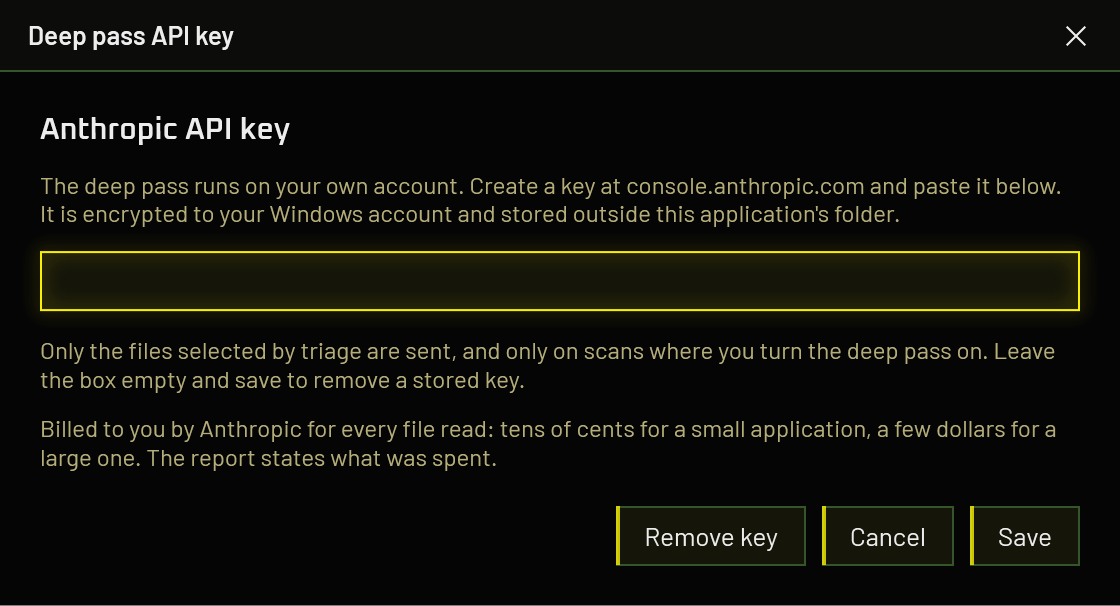 The Halation API key window, with a masked entry field and a note explaining that the key is encrypted to your Windows account and stored outside the application folder.