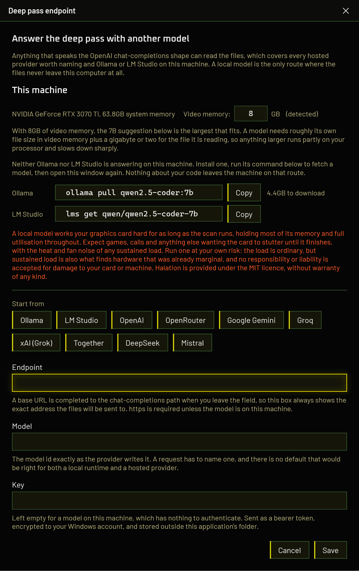 The Halation endpoint configuration window. It names the detected graphics card and system memory, offers an editable video memory figure, and recommends the largest model that fits, giving the fetch command for both Ollama and LM Studio with the download size. Below that are ten provider presets and the endpoint, model and key fields.