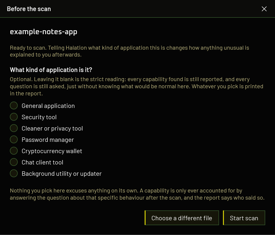 The Halation pre-scan window, naming the application about to be scanned and asking what kind of application it is, with seven options and a note that nothing chosen here excuses anything on its own.